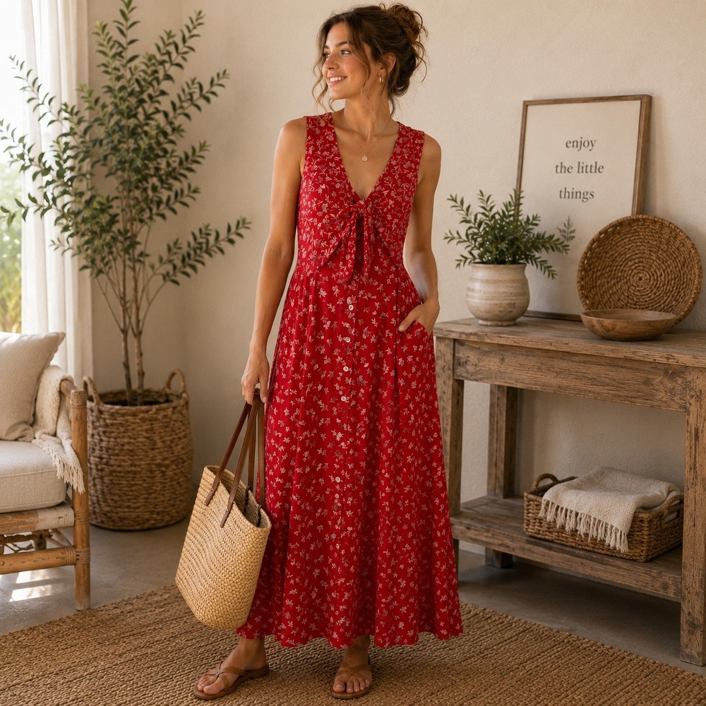 Robbie Bee Maxi Dress 14 Red Vintage Cottagecore Floral‎ Tie Front Sleeveless